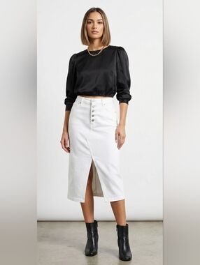 Banana Republic White Denim Skirt Button Front Midi Slit Minimalist Preppy